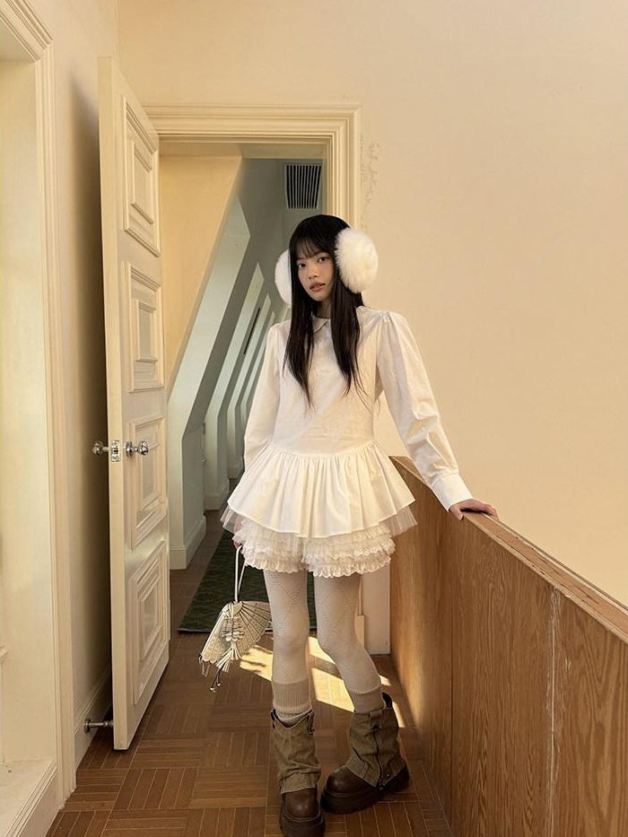 DDGIRL studio Breathable Patchwork Doll Collar Cotton Blend Cropped Long Sleeve White Blouses
