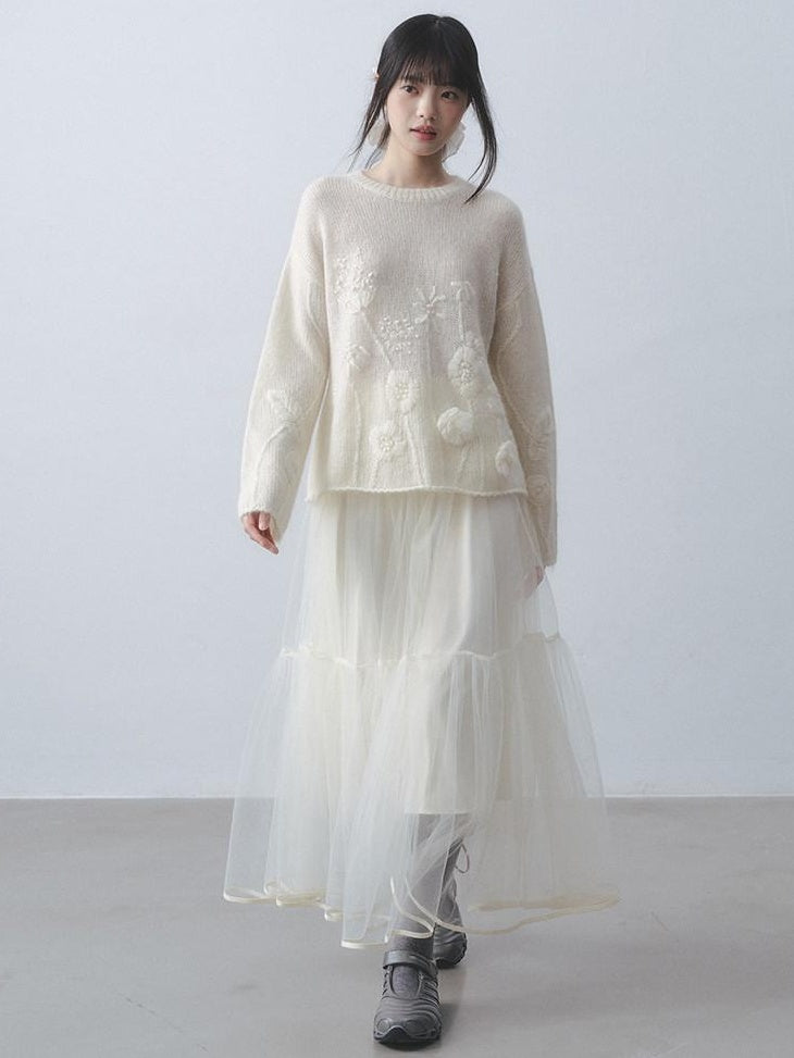 DDGIRL studio Ultra Soft Relaxed Embroidered Floral Crochet Round Neck Women Knit Sweaters