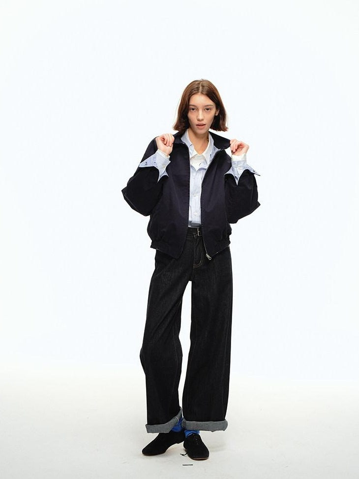Country Moment Warm Cotton Loose Fit Youthful Plaid Zip Unisex Navy Lapel Cropped Jackets