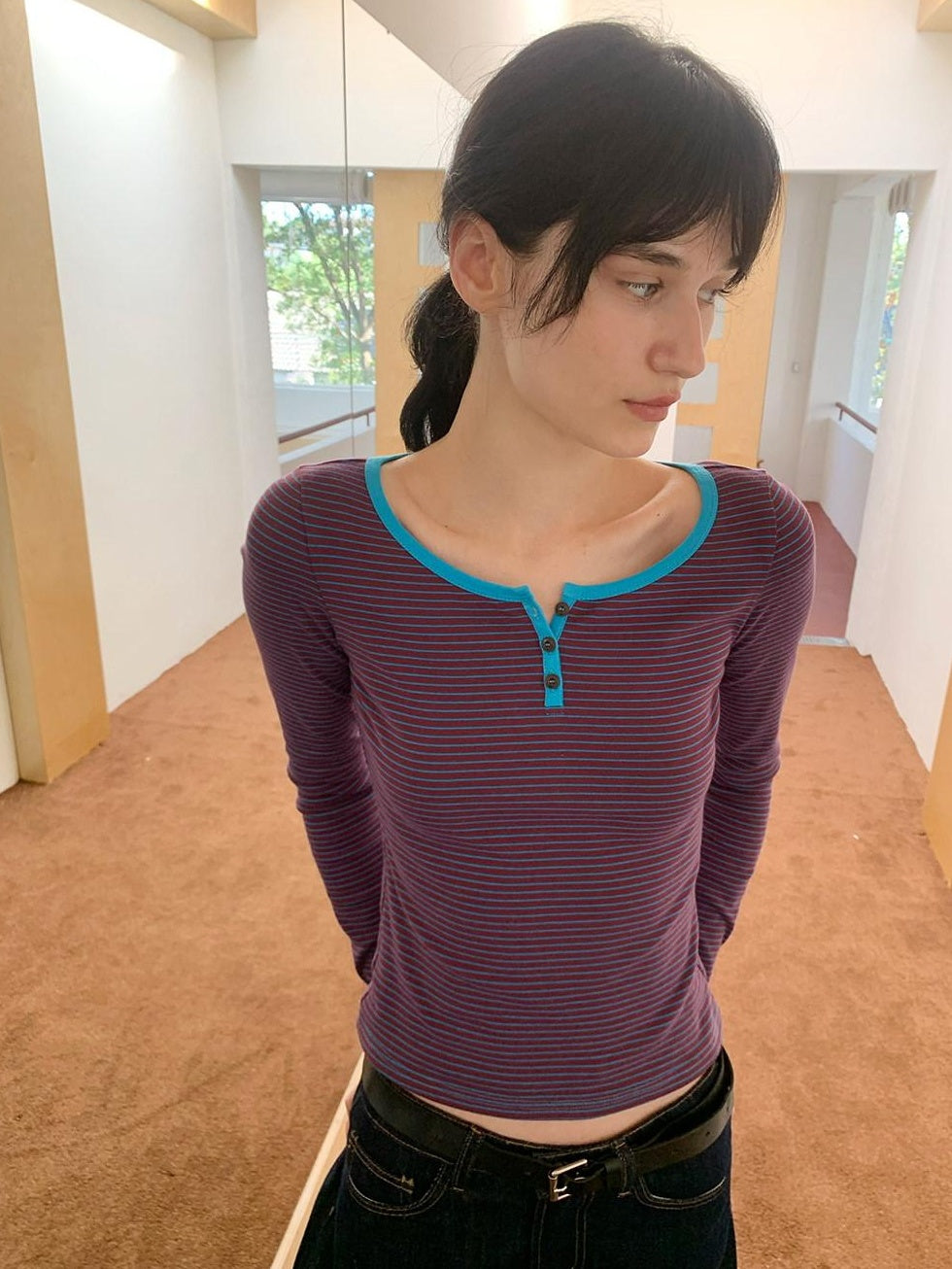 Country Moment Breathable Cotton Slim Fit Retro Striped Henley Women Long Sleeve T-Shirts