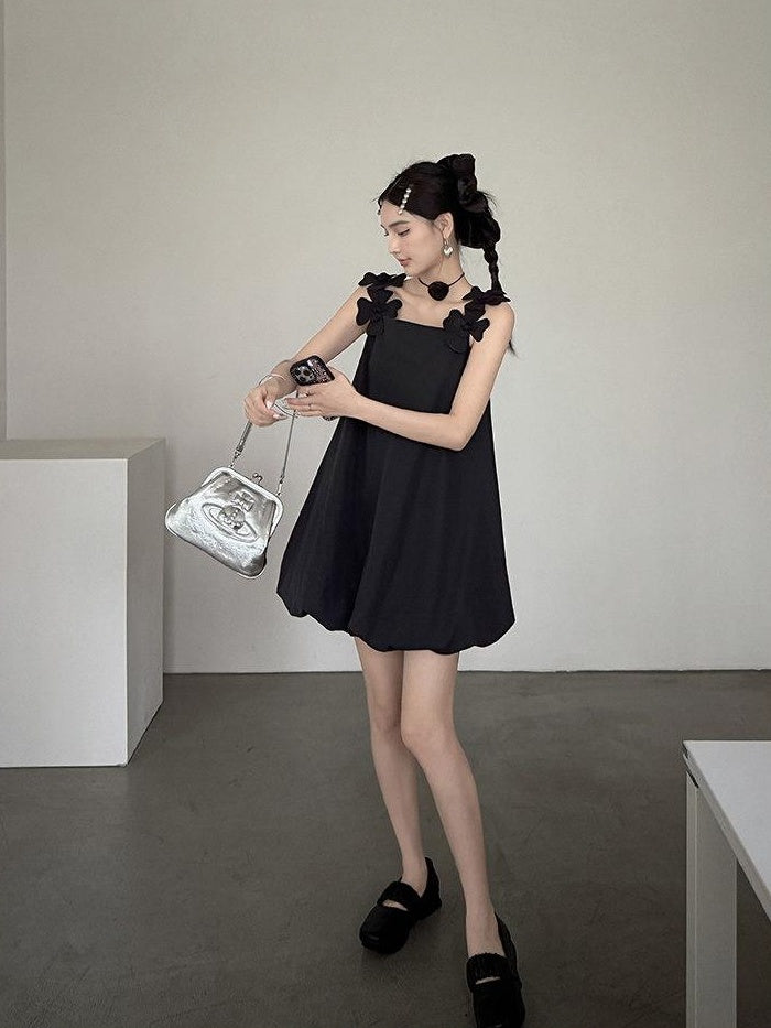 DDGIRL studio Washed Cotton Nylon Blend Strappy A Line Loose Waist Commuter Black Midi Dresses