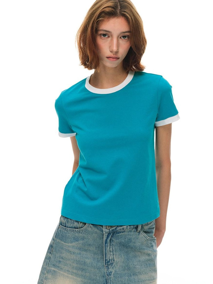 Country Moment Soft Breathable Colorblock Women Crew Neck Blue Short Sleeve T-Shirts