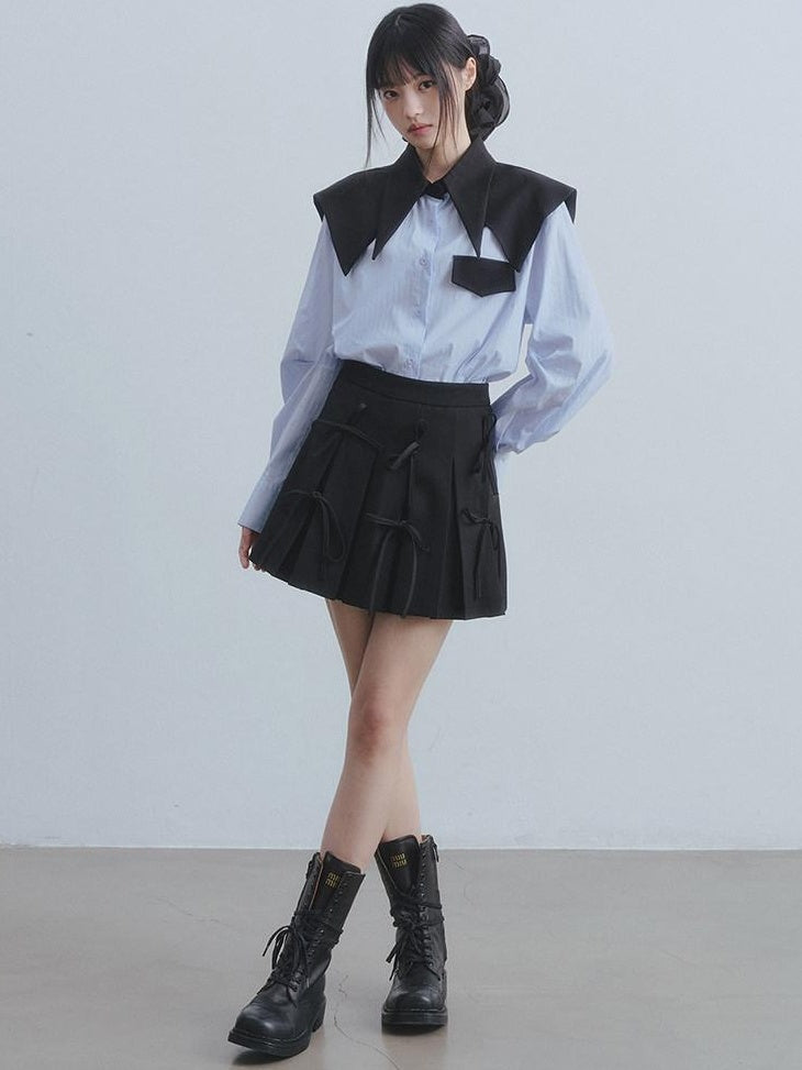 DDGIRL studio Breathable Cotton Loose Faux Layer Pleat Sleeve Striped Navy Collar Shirts