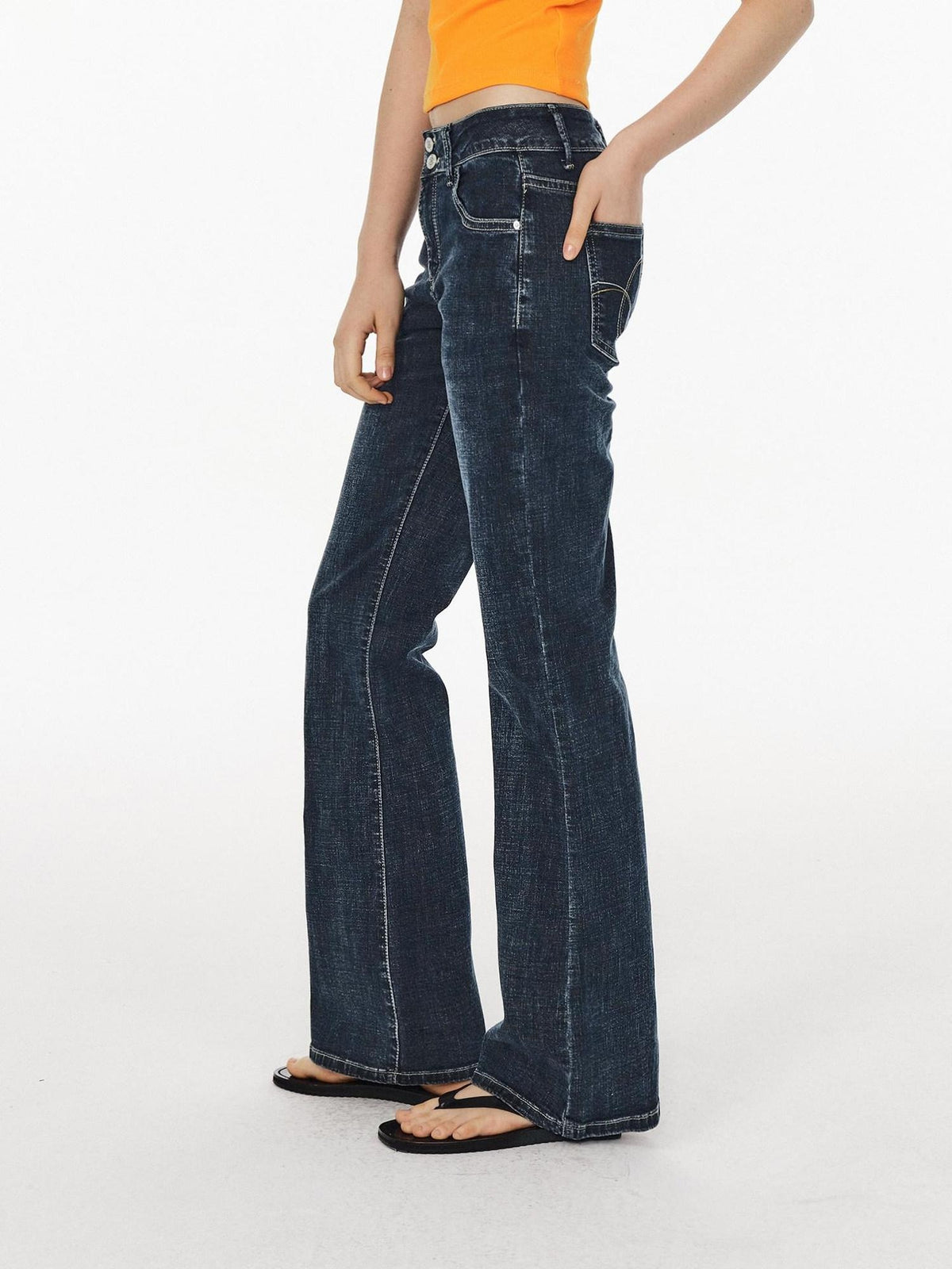 Country Moment Breathable Slimming Low Waist Slim Fit Button Fly Dark Blue Flared Jeans