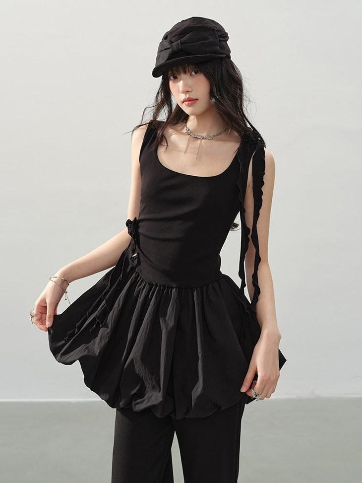 DDGIRL studio Soft Cotton Ruffle Aline Slim Cute Date Sleeveless U Neck Black Mini Dresses