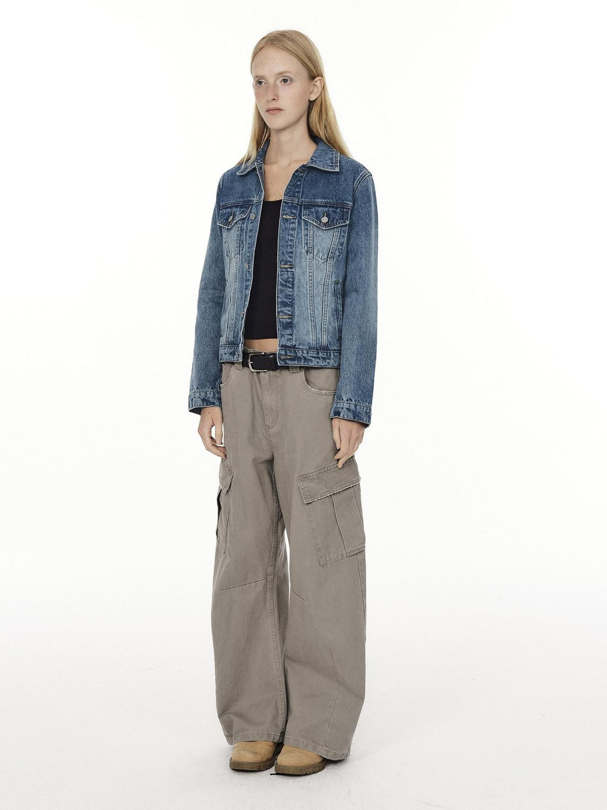 Country Moment Durable Gradient Washed Button Detail Vintage Slim Cropped Unisex Denim Jackets