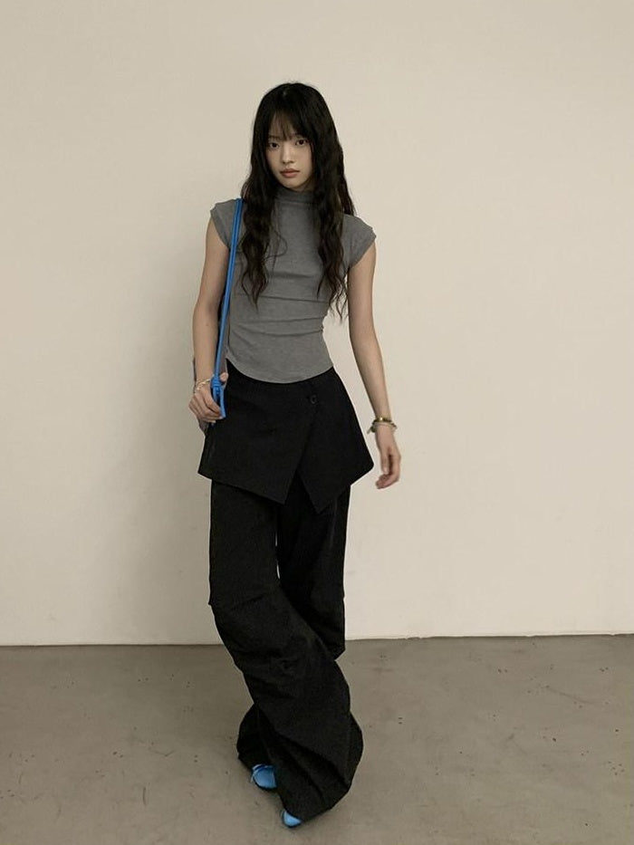 DDGIRL studio High Waist Cotton Cargo Pockets Loose Commuter Women Black Straight Pants