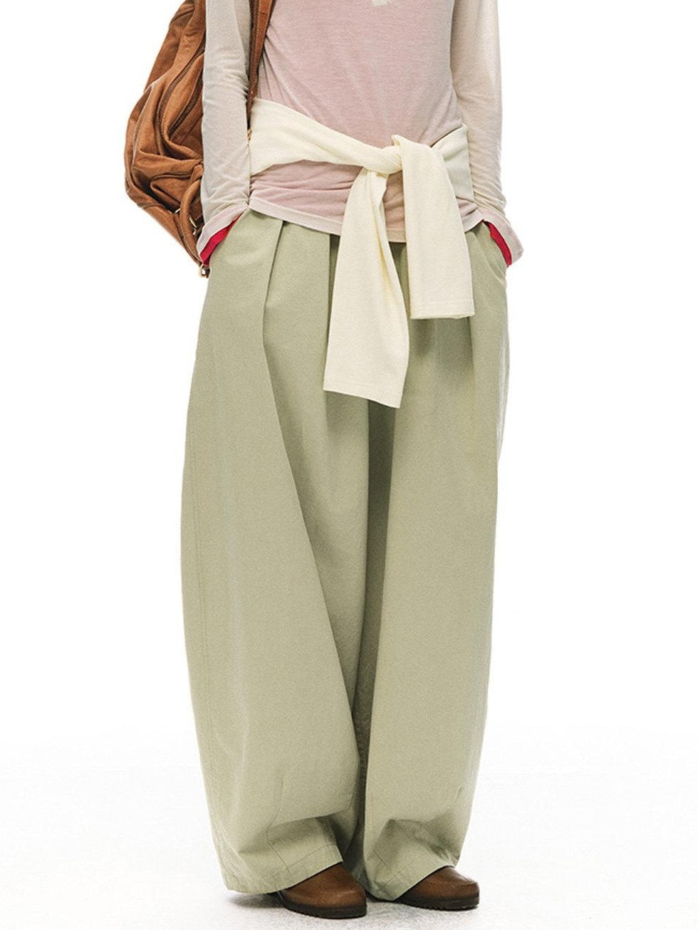 Country Moment Soft Cotton Khaki Pleated Zipper Mid Waist Balloon Casual Wide Leg Pants