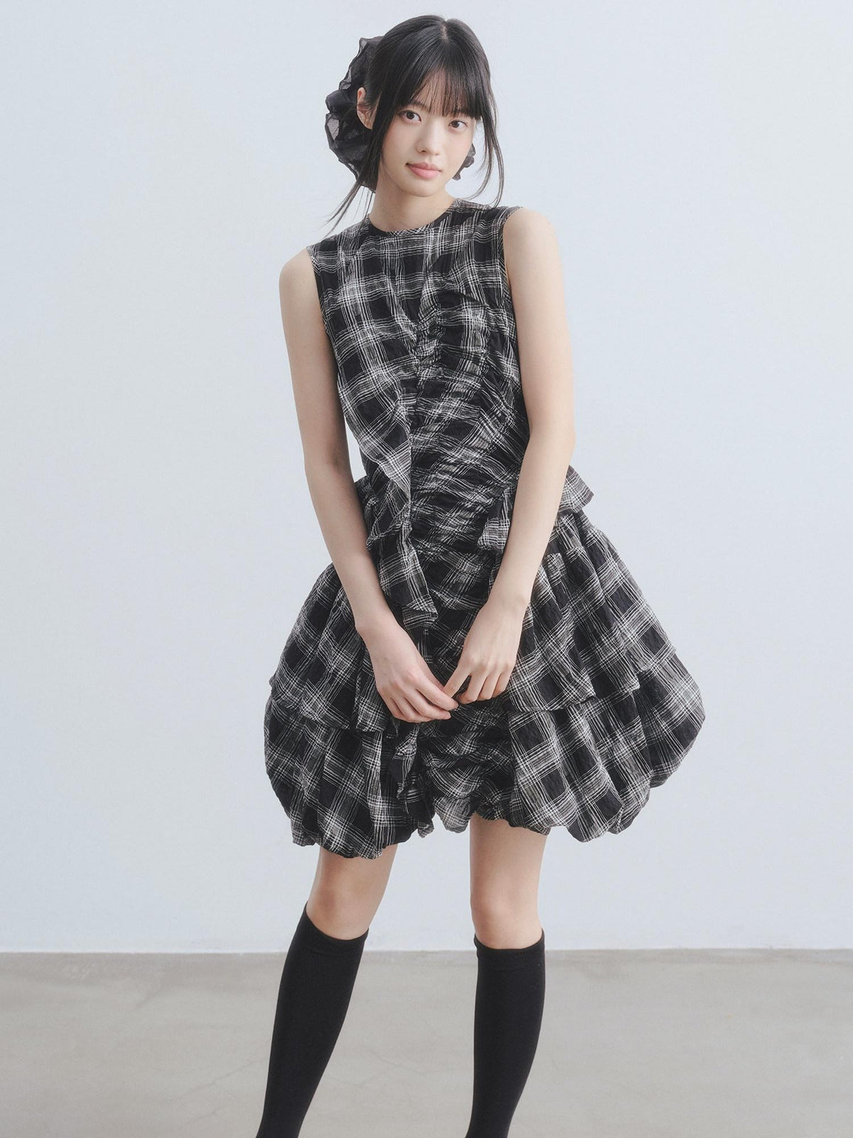 DDGIRL studio Soft Cotton Shirred A Line Sleeveless Checked Workwear Puff Skirt Mini Dresses