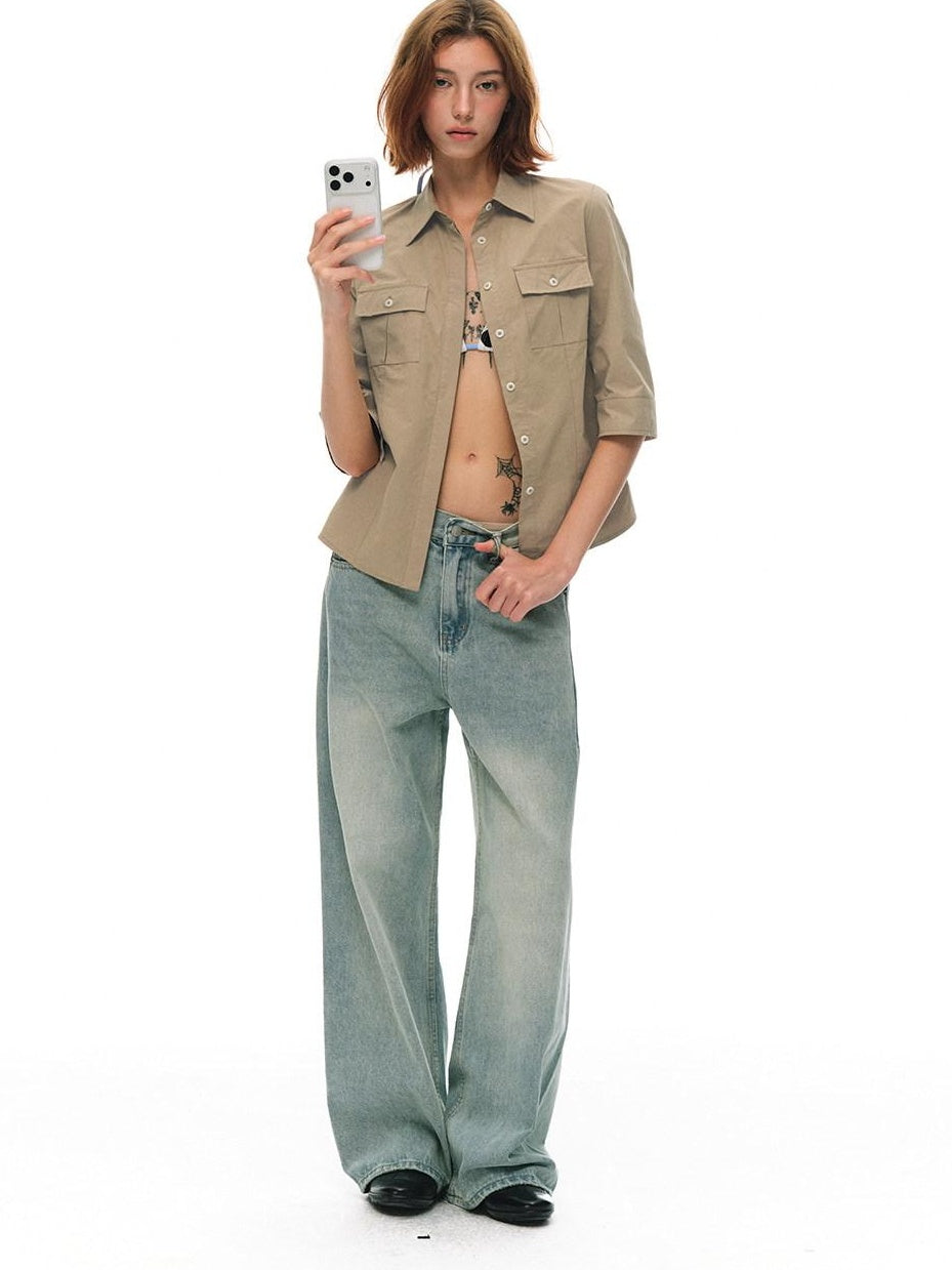 Country Moment Breathable Cotton Slim Fit Collared Half Sleeve Khaki Women Patch Pocket Shirts