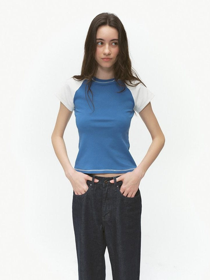 Country Moment Stretch Cotton Edgy Slim Fit Raglan Blue White Colorblock Short Sleeve T-Shirts