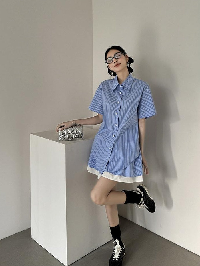 DDGIRL studio Breathable Relaxed Polo Short Sleeve Women Striped Blue Top & Skirt Sets