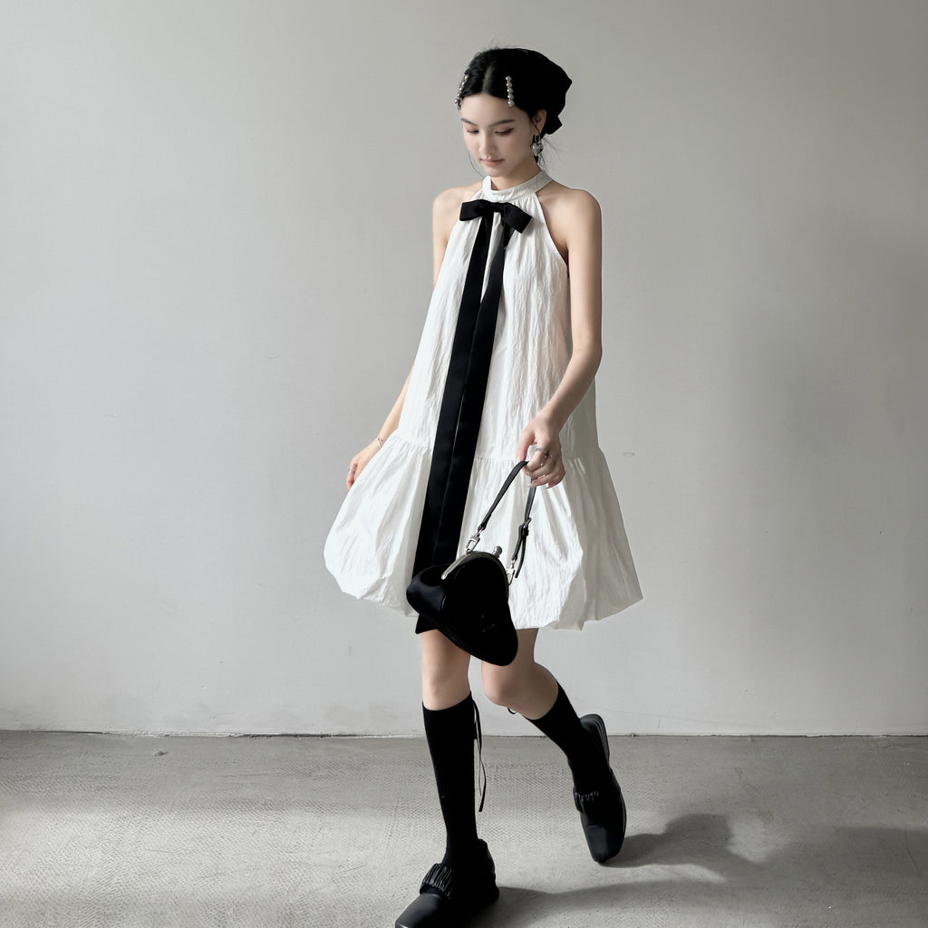 DDGIRL_studio_Soft_Cotton_Nylon_Bow_Sleeveless_Aline_Office_Women_Halter_Back_Zip_Midi_Dresses_MISSTT