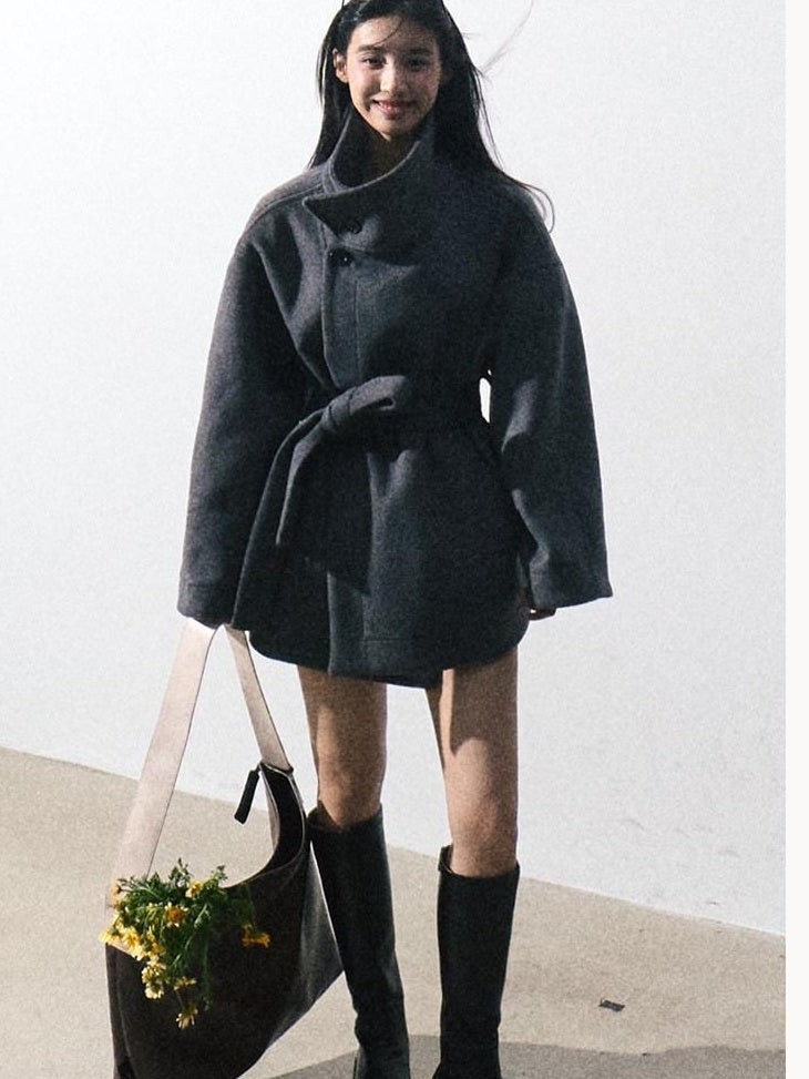 7 OAKMOO Warm Thick Stand Collar Mid Length Loose Fit Commuter Womens Wool Coats