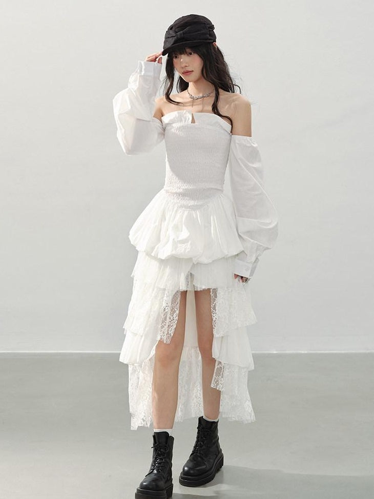 DDGIRL studio Lined Lace Asymmetrical High Waist Front Slit Tiered White Women Midi Skirts