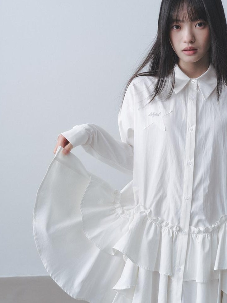 DDGIRL studio High Waist Ruffle Commuter Shirt Dress A Line Women White Button Mini Dresses