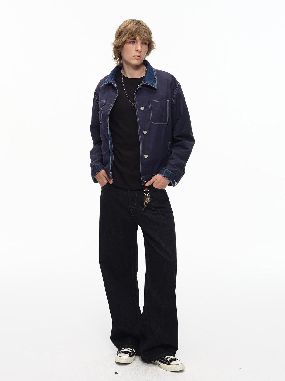 Country Moment Durable Embroidered Midrise Vintage Navy Cotton Men Casual Straight Leg Jeans
