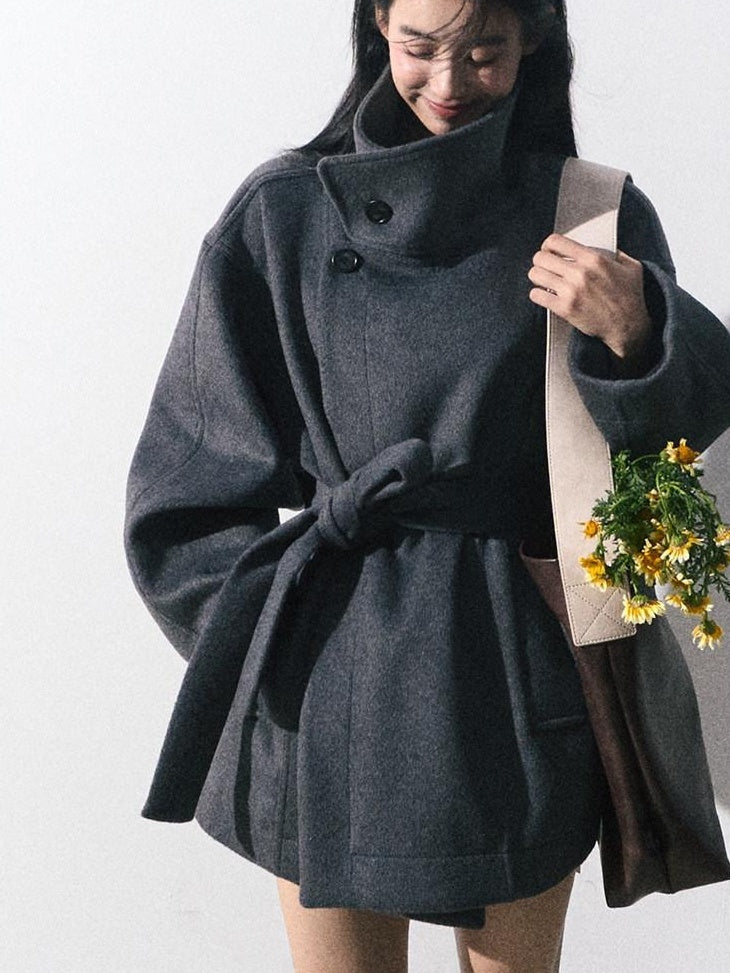 7 OAKMOO Warm Thick Stand Collar Mid Length Loose Fit Commuter Womens Wool Coats