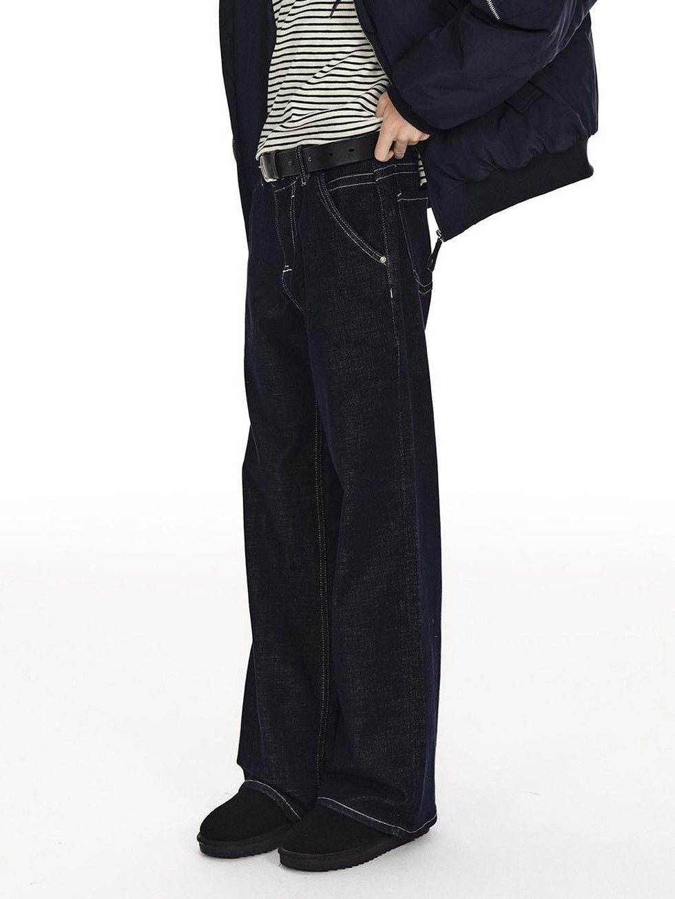 Country Moment Slimming Mid Rise Contrast Stitch Loose Unisex Blue Cotton Straight Leg Jeans