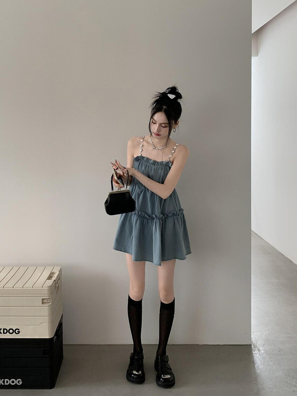 DDGIRL studio High Waist Washed Denim Ruffle Trim A Line Camisole Casual Mini Dresses
