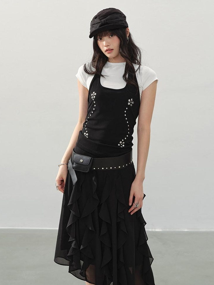 DDGIRL studio Breathable Cotton Vintage Studded Slim Fit Women Black Short Sleeve T-Shirts