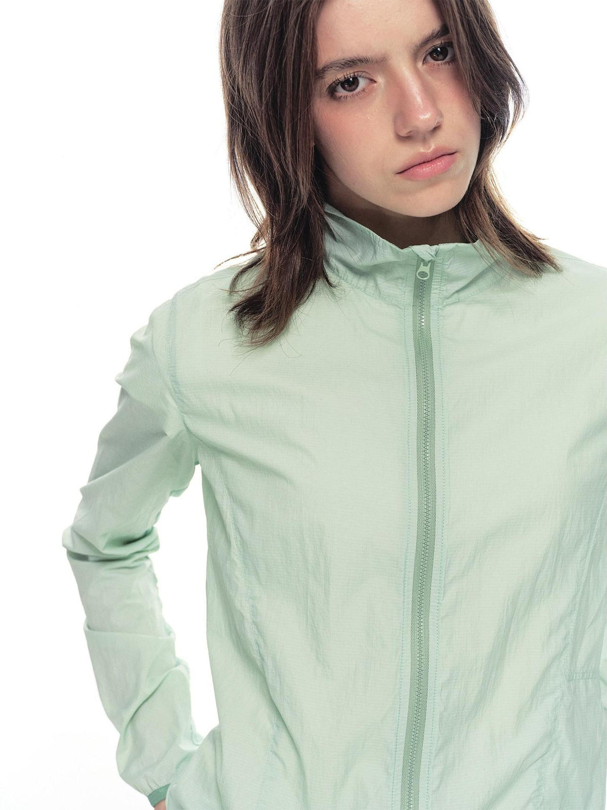 Country Moment Upf50 Packable Nylon Drawstring Hem Women Zip Shirt Green Shirts & Blouses