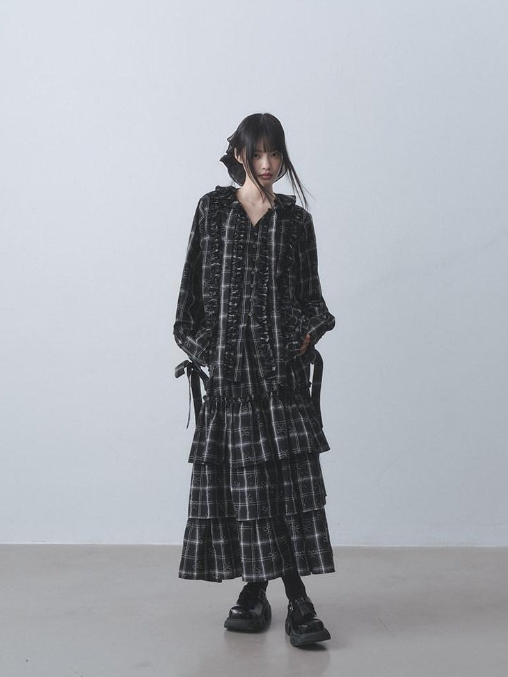 DDGIRL studio Wrinkle Free Black Plaid Collared Bow High Waist Loose Women Office Top & Skirt Sets
