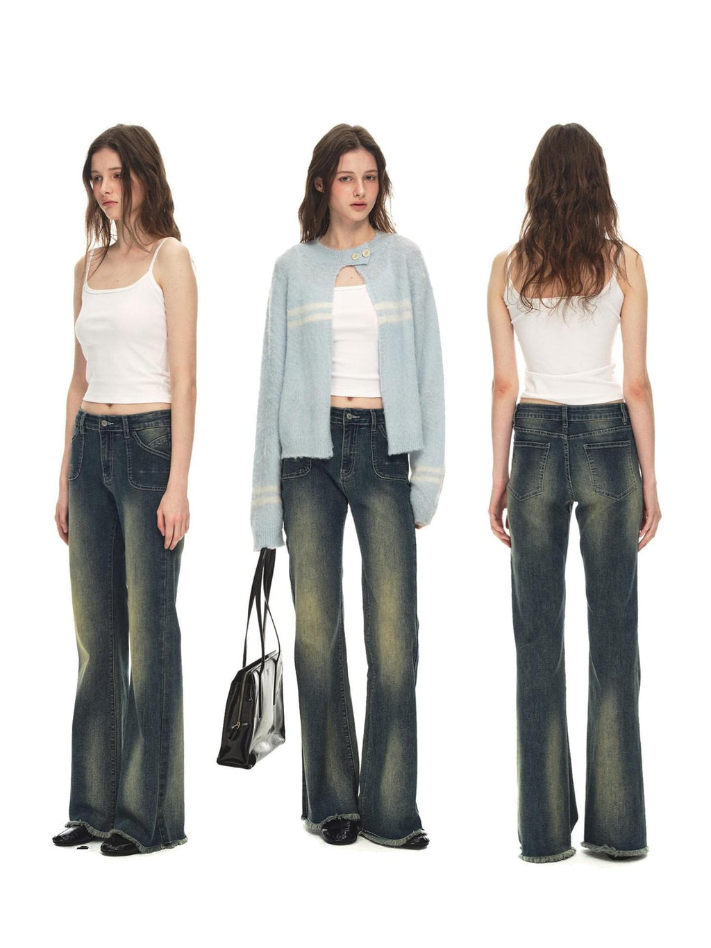 Country Moment Vintage Distressed Low Rise Retro Flare Women Daily Denim Blue Flared Jeans