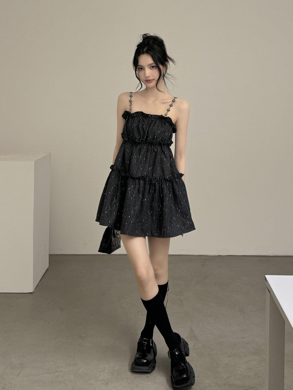 DDGIRL studio Shape Retain Strappy A Line Loose Waist Black Poly Wool Blend Mini Dresses