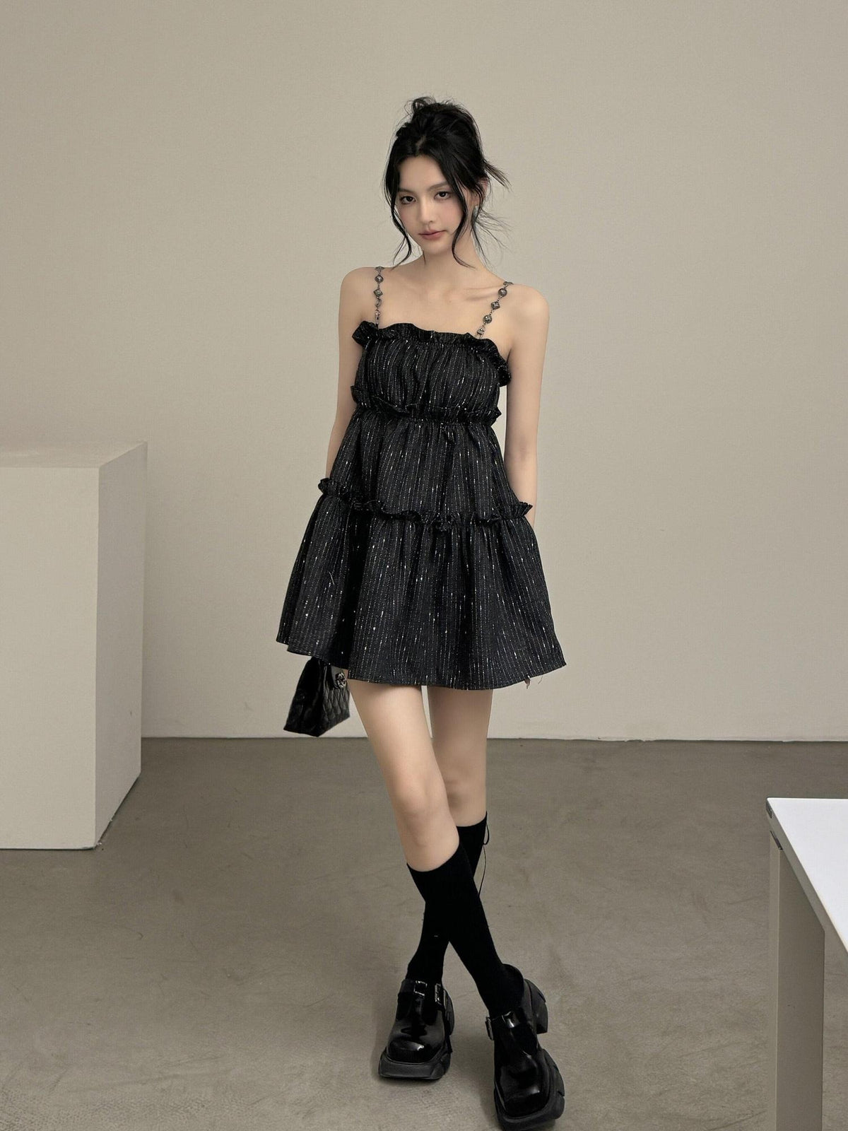 DDGIRL studio Shape Retain Strappy A Line Loose Waist Black Poly Wool Blend Mini Dresses