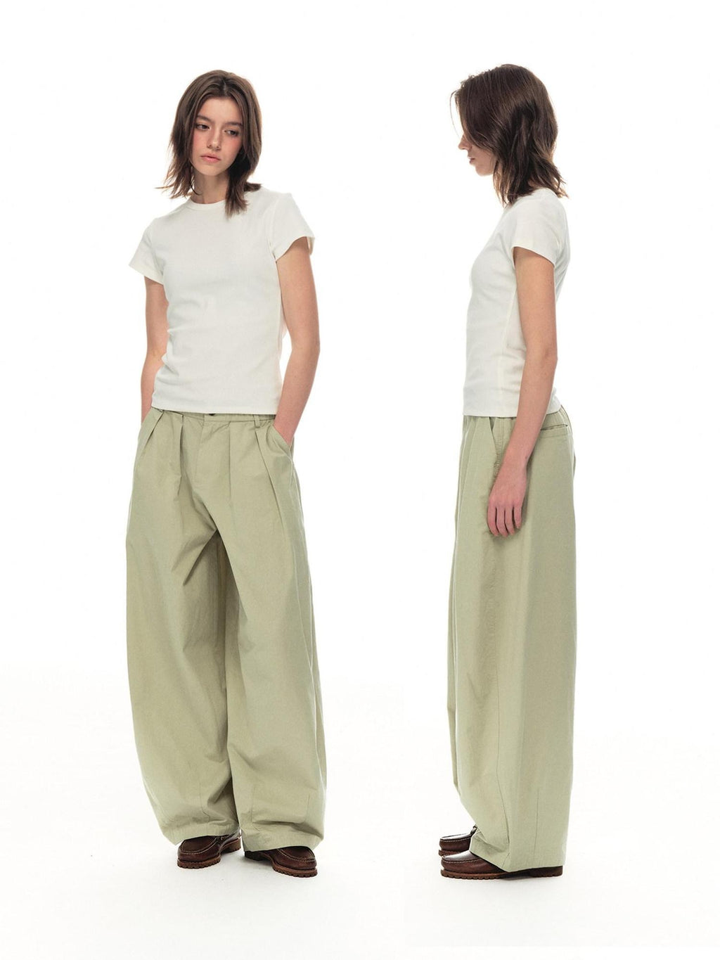 Country Moment Soft Cotton Khaki Pleated Zipper Mid Waist Balloon Casual Wide Leg Pants