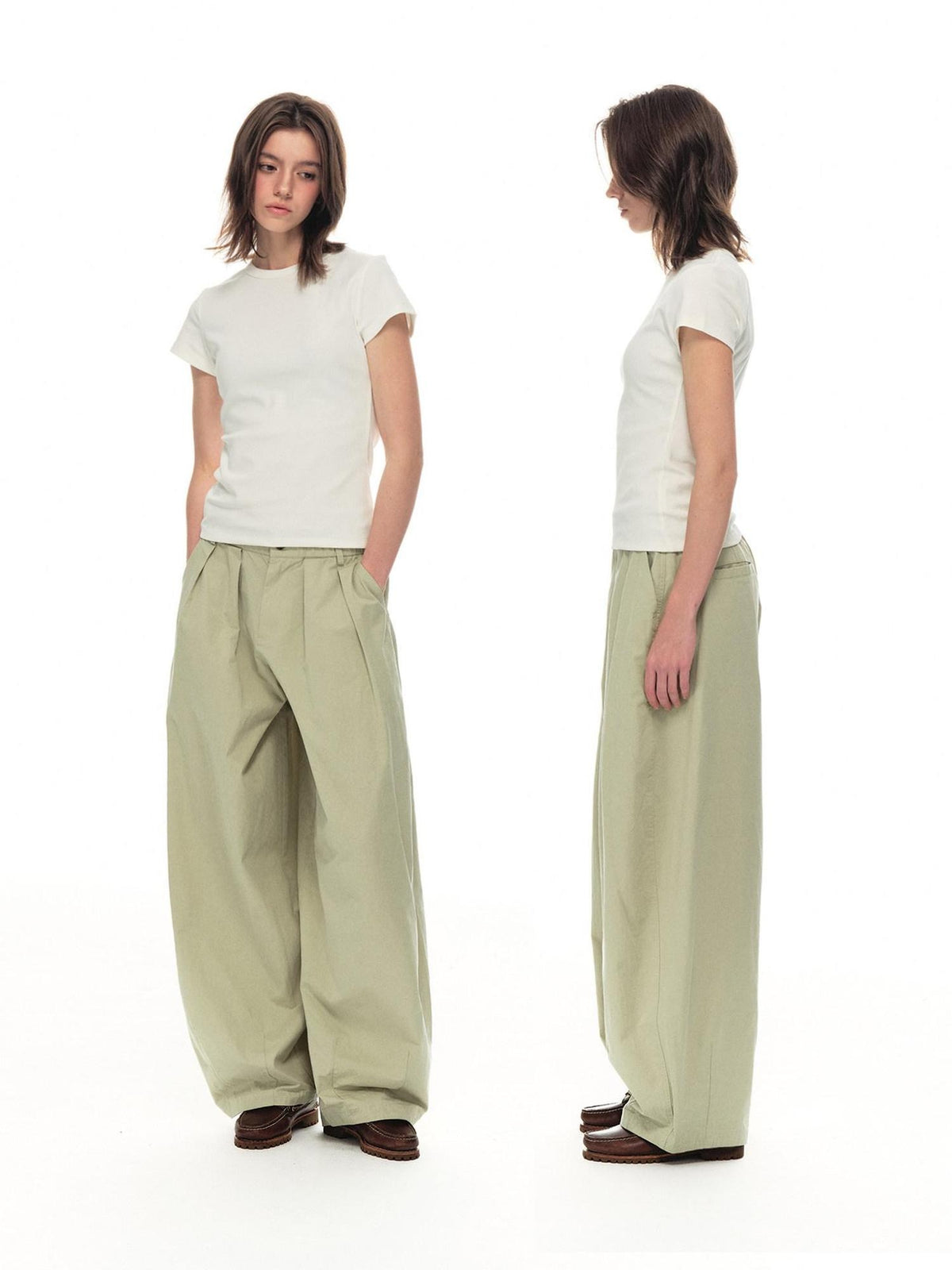 Country Moment Soft Cotton Khaki Pleated Zipper Mid Waist Balloon Casual Wide Leg Pants