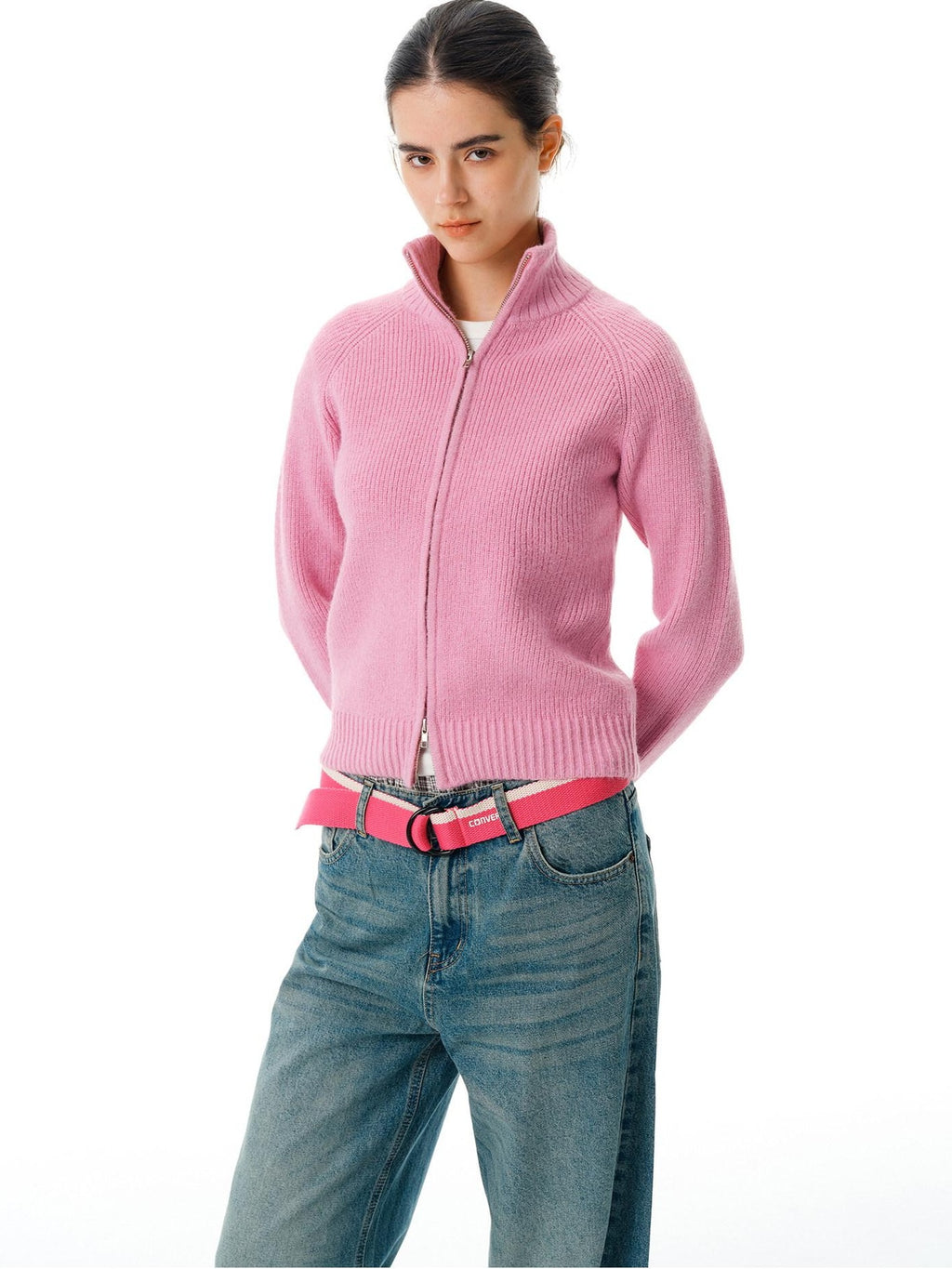 Country Moment Warm Zipper Stand Collar Slim Fit Cardigan Knit Women Rose Purple Sweaters