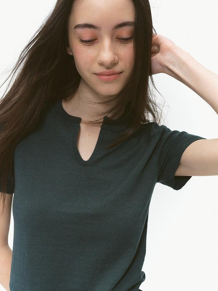 Country Moment Silk Wool Blend Patchwork V-neck Slim Fit Work Olive Brown Short Sleeve T-Shirts