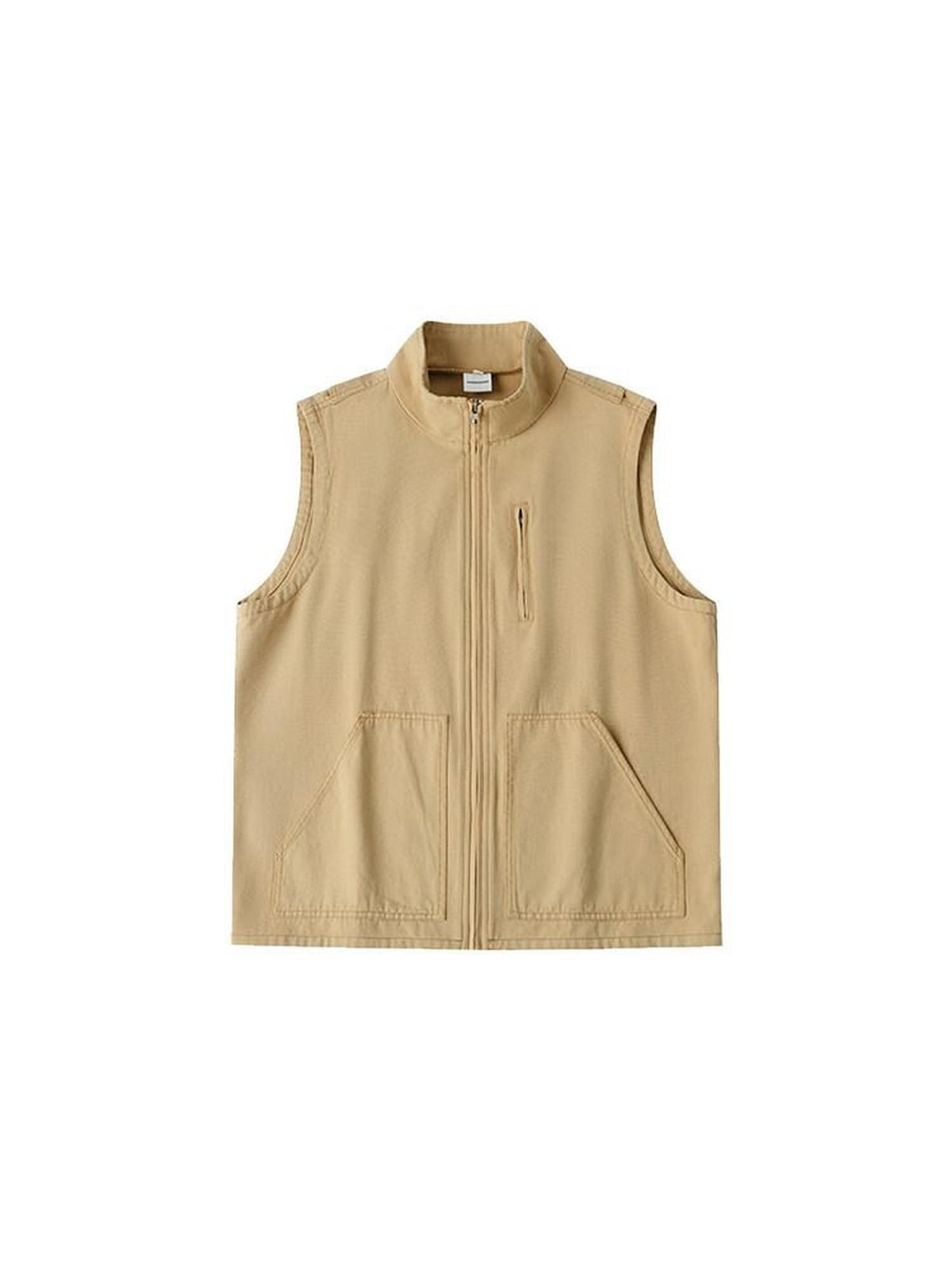Country Moment Organic Cotton Stand Collar Zipper Loose Fit Patch Pocket Teen Khaki Vests