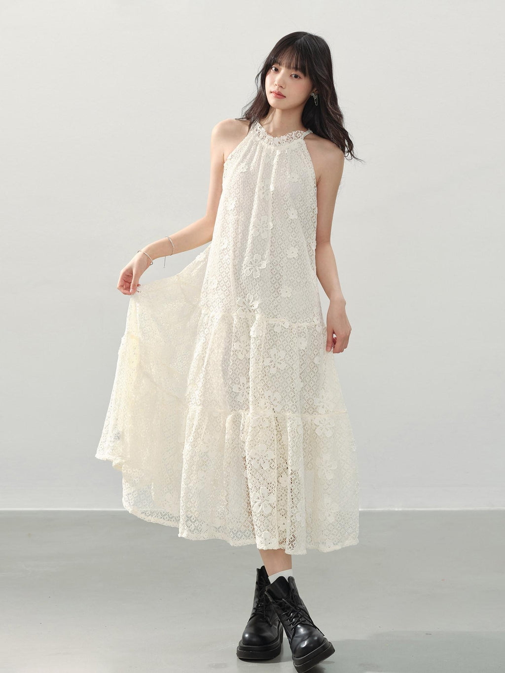 DDGIRL studio Soft Breathable Eyelet A Line Girly Sleeveless Vacation Cream Midi Dresses