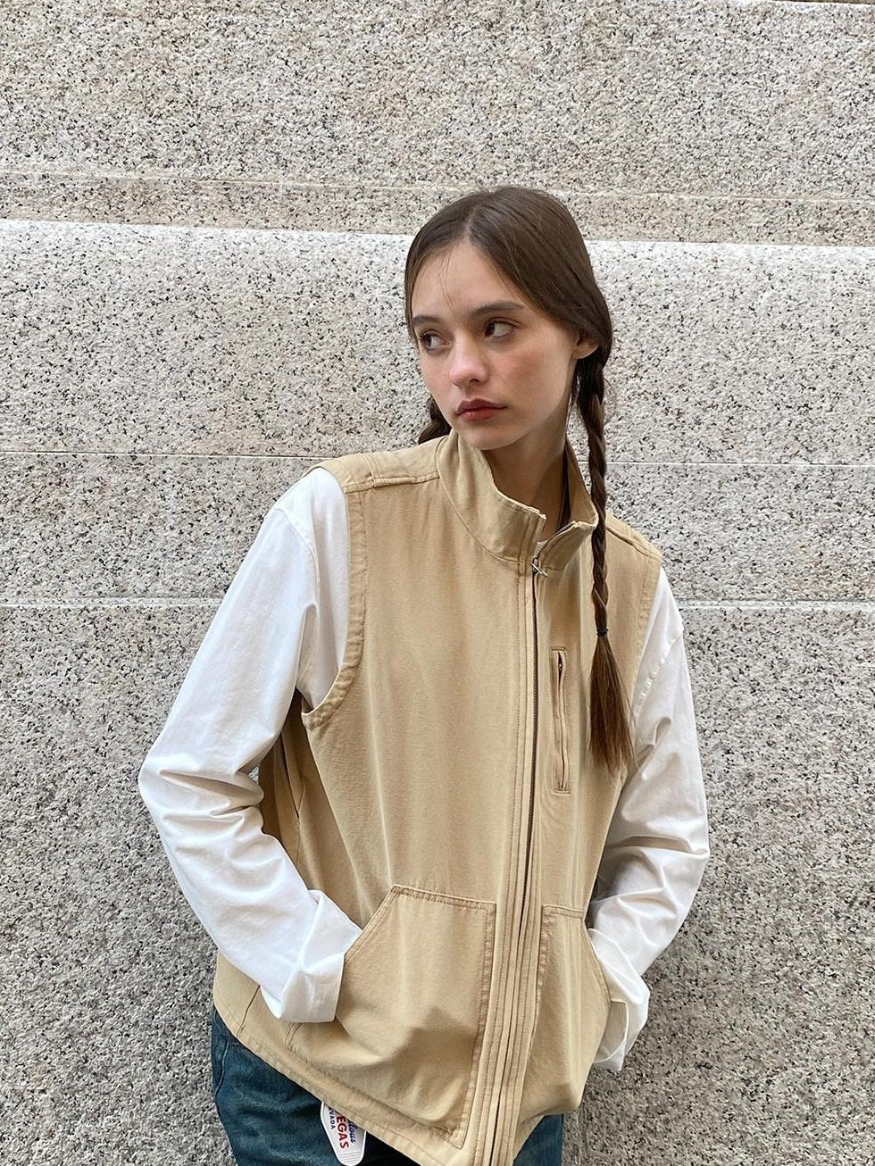 Country Moment Organic Cotton Stand Collar Zipper Loose Fit Patch Pocket Teen Khaki Vests