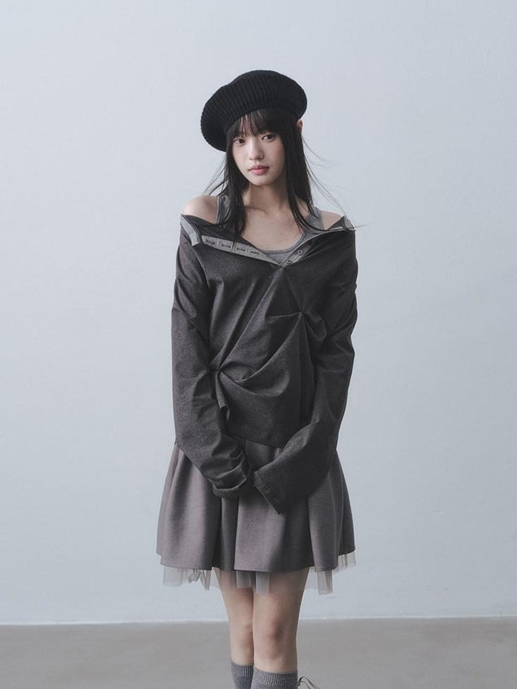 DDGIRL studio Moisture Wicking Long Sleeve Tee Commuter Solid Dark Gray Top & Skirt Sets