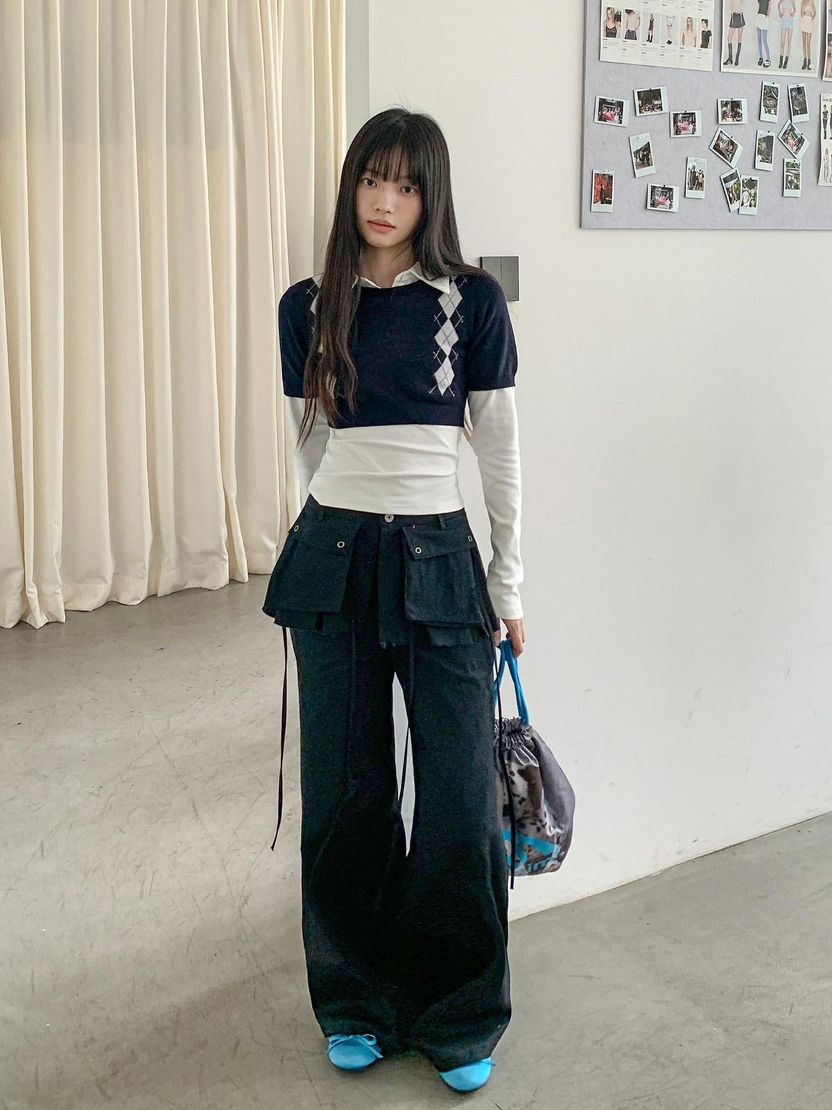DDGIRL studio High Waist Zip Fly Pockets Relaxed Straight Leg Black Cotton Nylon Cargo Pants