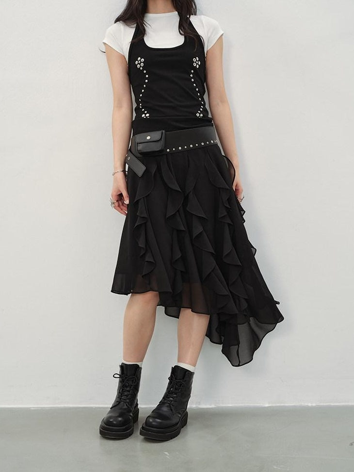 DDGIRL studio Fade Resistant Lined Asymmetrical High Waist Black Irregular Women Midi Skirts