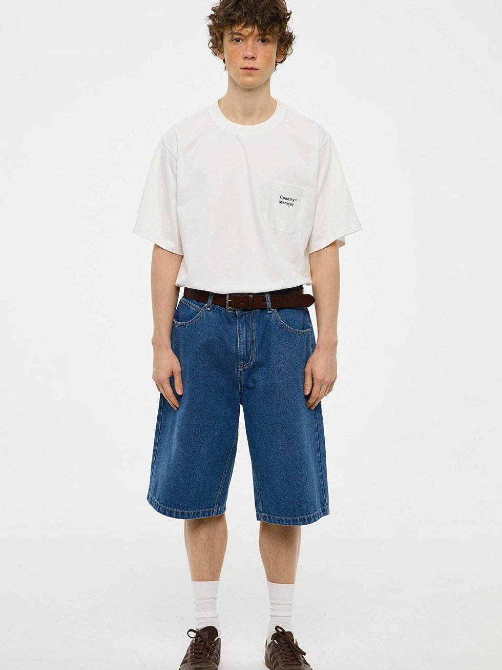 Country Moment Cotton Denim Mid High Waist Loose Straight Casual Zip Fly Mid-Length Shorts