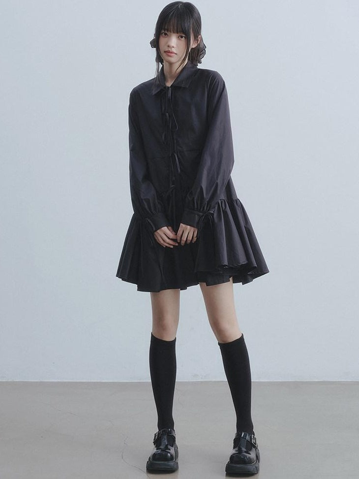 DDGIRL studio Soft High Waist Tie A Line Shirt Dress Office Black Cotton Midi Dresses