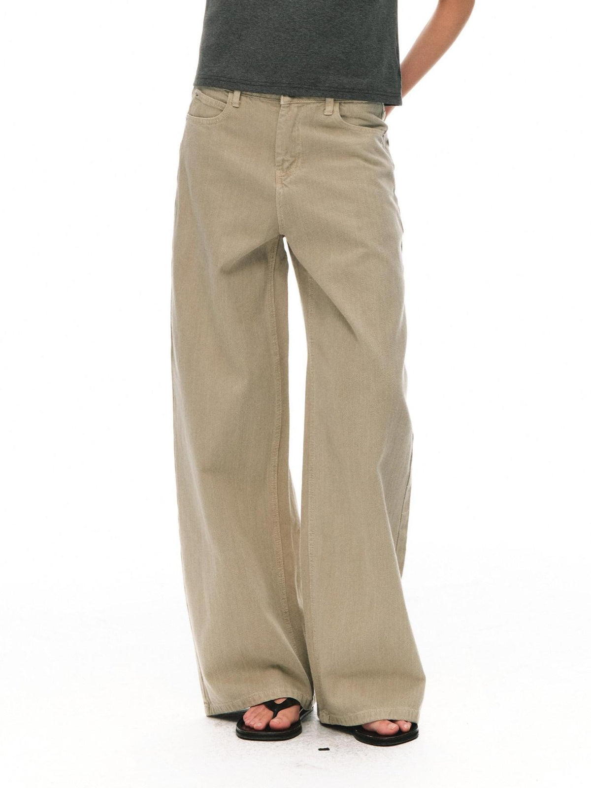 Country Moment Breathable Durable Mid Rise Zipper Fly Loose Khaki Cotton Casual Wide Leg Jeans