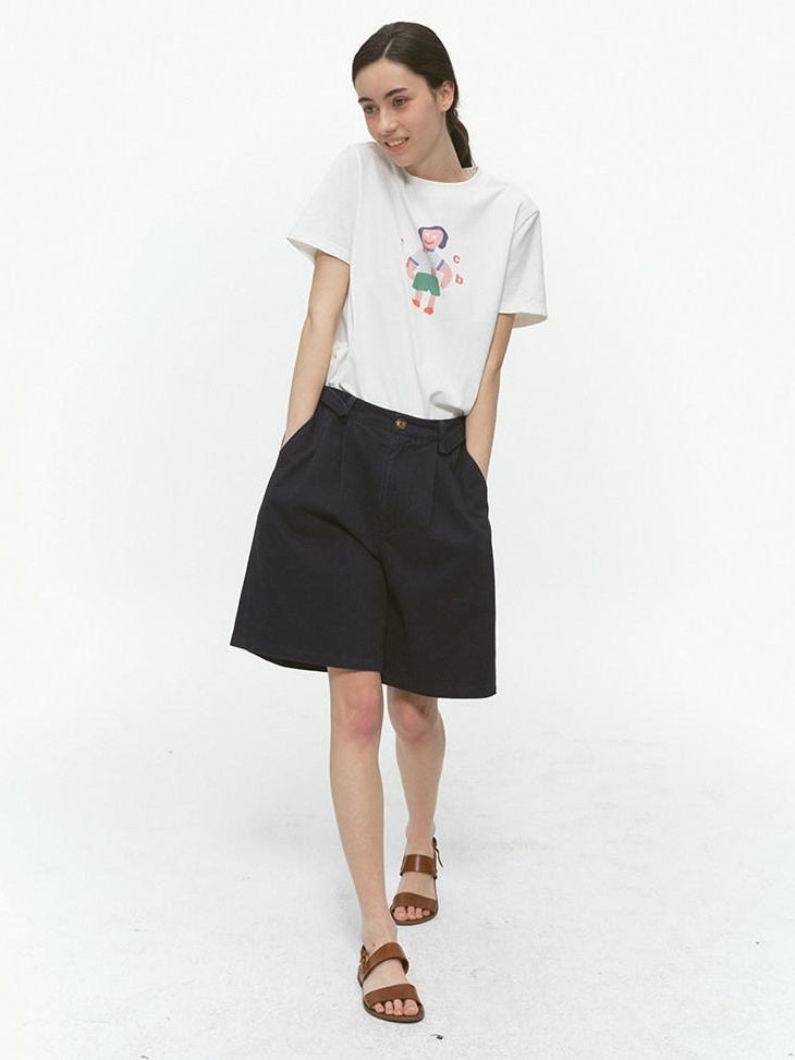 Country Moment Durable Cotton Loose Straight Zip Casual Khaki Navy Mid-Length Shorts