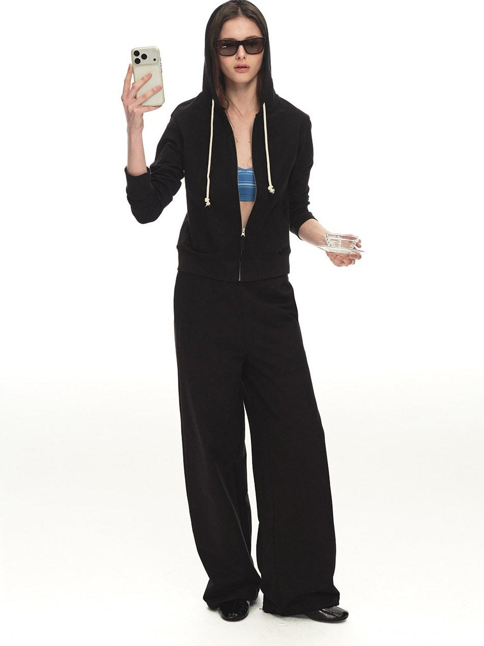 100% Cotton Durable Loose Mid Rise Drawstring Black Straight Leg Sweatpants
