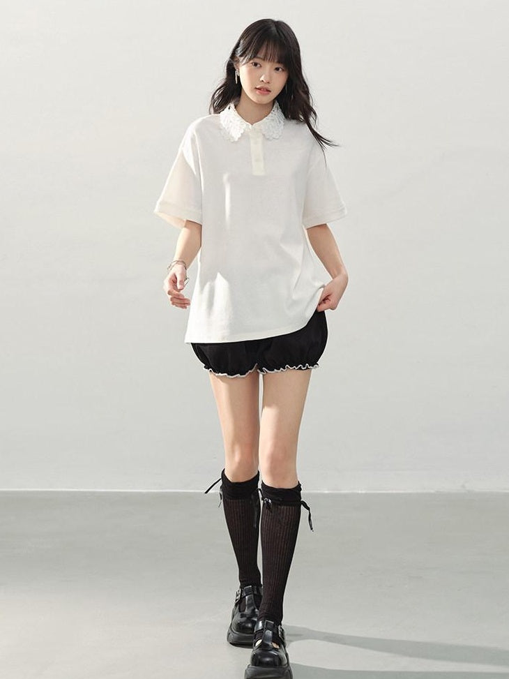 DDGIRL studio Washed Zip Polo Loose Fit Casual Long Staple Cotton Short Sleeve T-Shirts