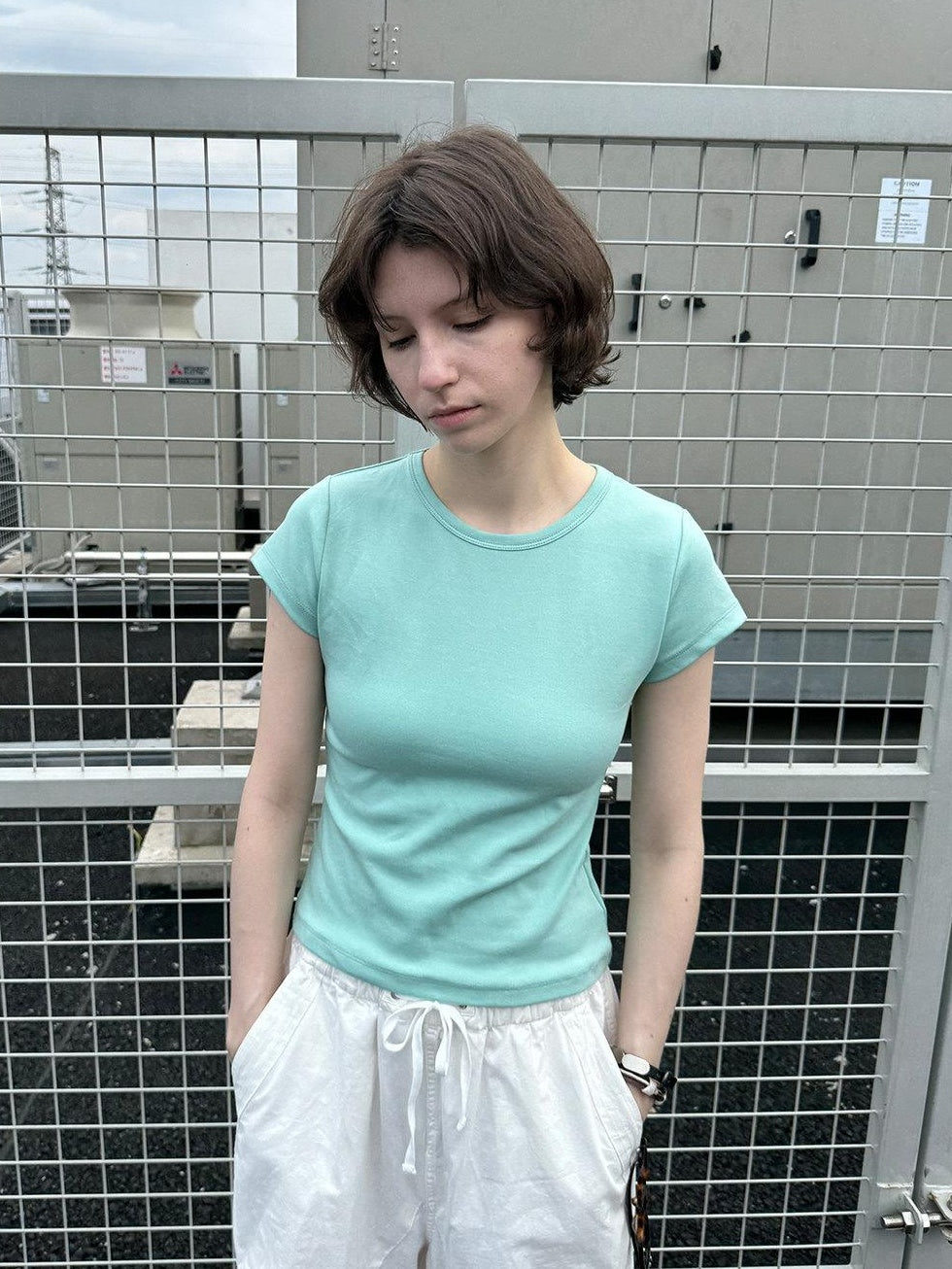Country Moment Cotton Slim Fit Street Crew Neck Short Sleeve Solid White Teal Basic Crop Tops