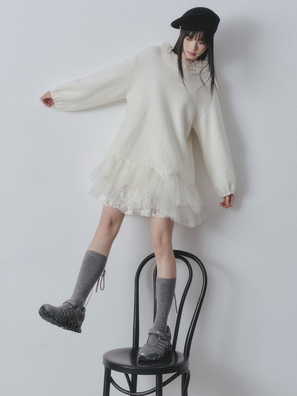 DDGIRL studio Sweet Soft Knit Tulle Panel A Line Long Sleeve Back Button Mini Dresses