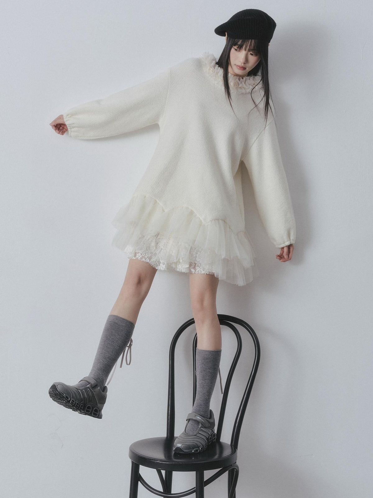 DDGIRL studio Sweet Soft Knit Tulle Panel A Line Long Sleeve Back Button Mini Dresses