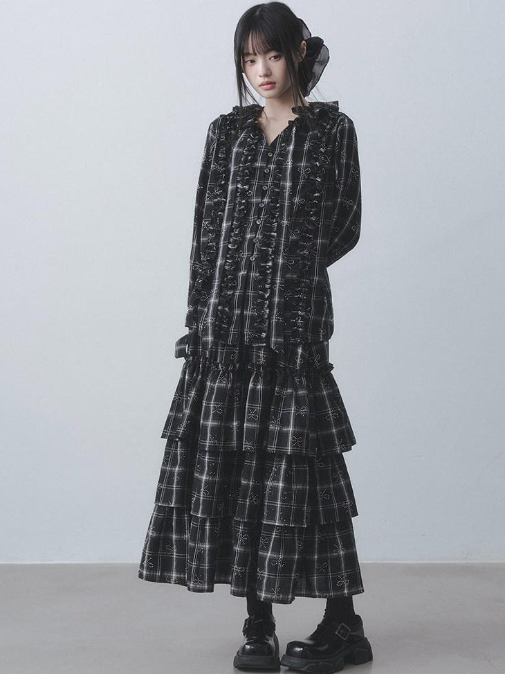 DDGIRL studio Wrinkle Free Black Plaid Collared Bow High Waist Loose Women Office Top & Skirt Sets